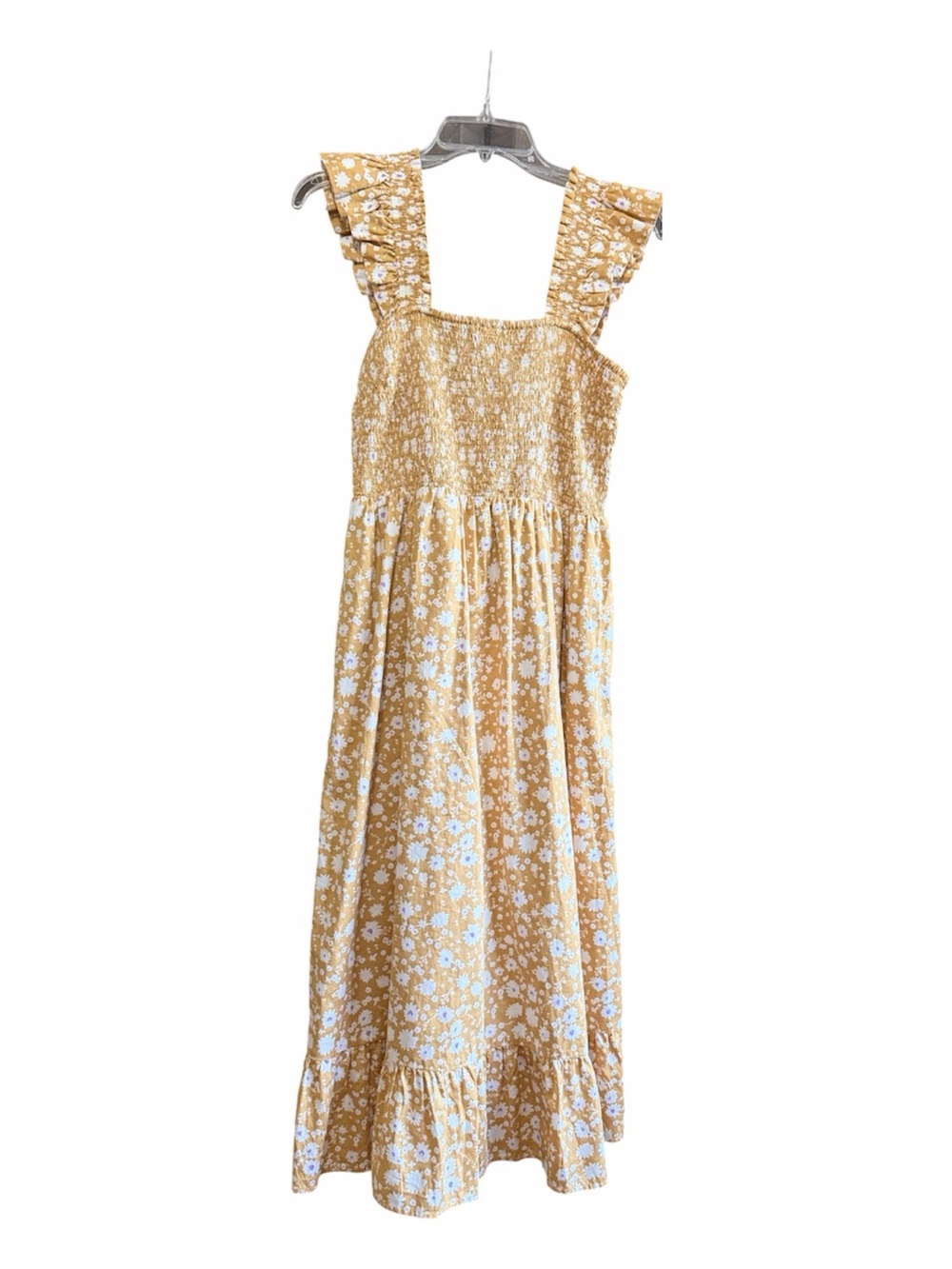 Smocked Midi Skirt Dress with Floral Print in Mustard
